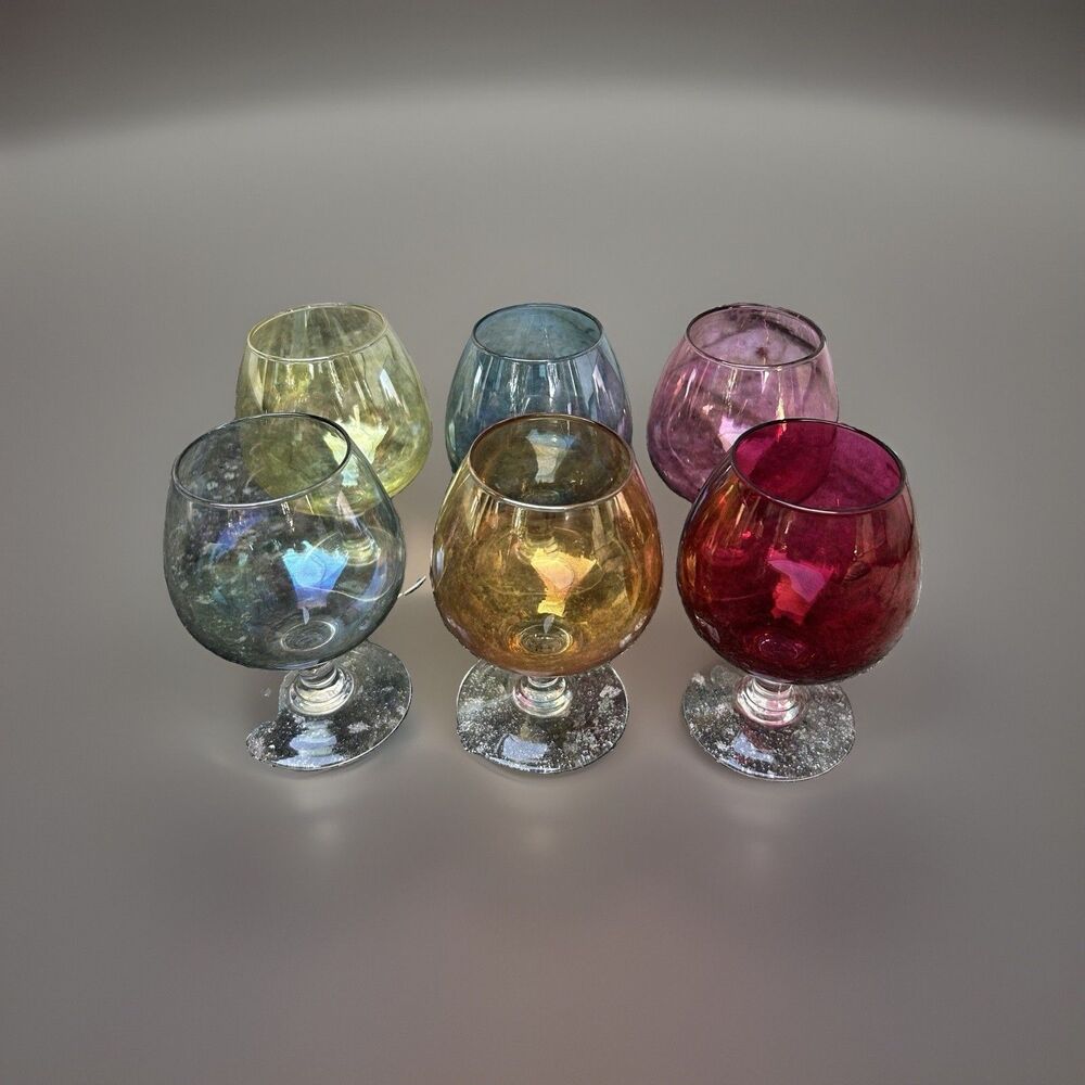 Set of 6 VTG Iridescent Multi-Colored Stub Stem Brandy Snifter Glasses Retro MCM